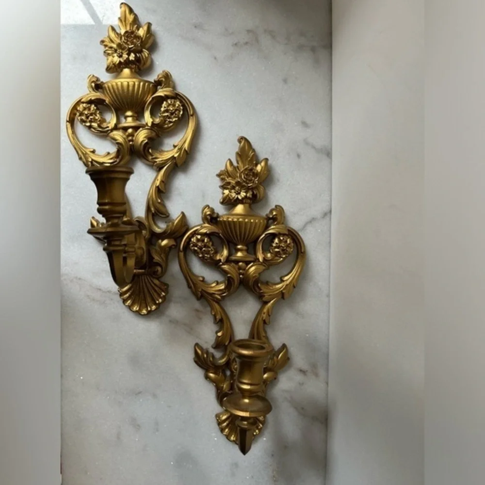 Vintage Pair Of Gold Wall Sconces Candle Holders Hollywood Regency Syroco